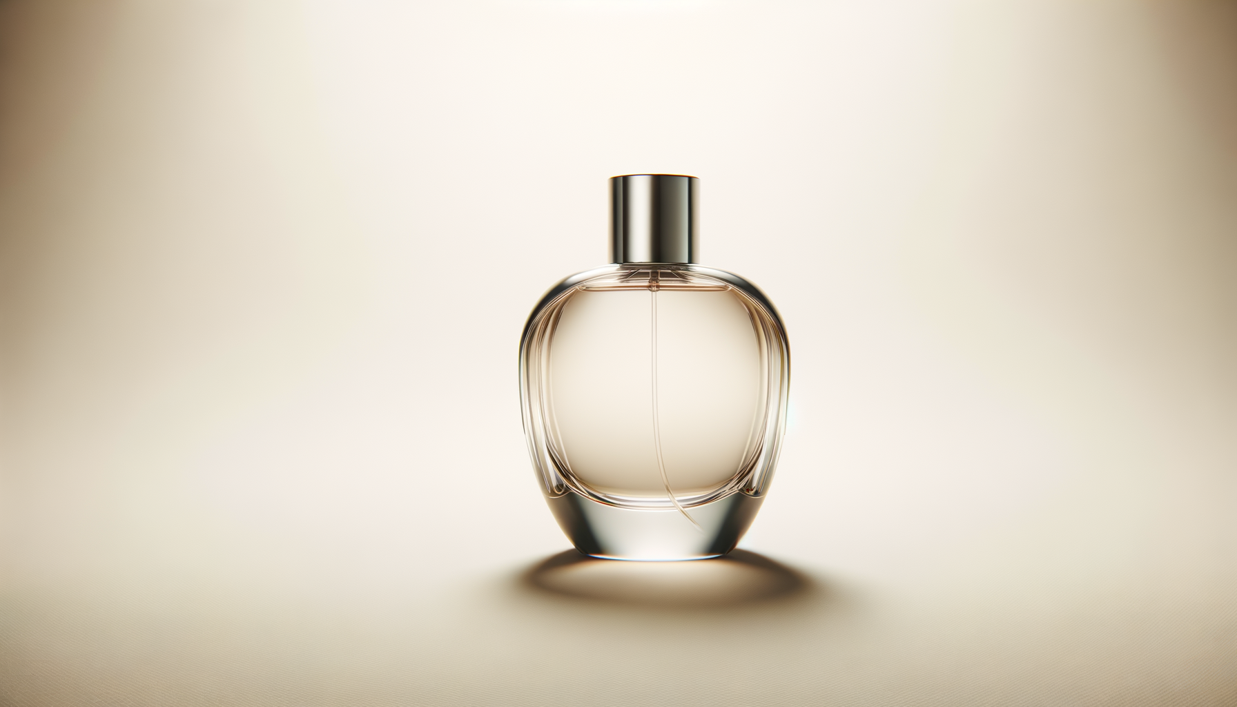 A clear glass perfume bottle with a metallic cap on a beige background.