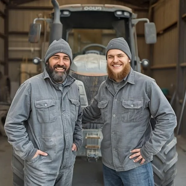Two smiling sandblasting professionals with beards wearing gray jackets and gray hats standing inside a shop with a tractor behind them that was just stripped by Ready Surface, a Texas-based dustless blasting company.