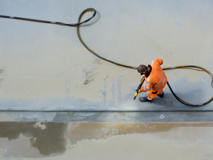 A worker in orange safety gear is working on a large flat surface, possibly a floor or roof, with thick black cables arranged in loops around him and along the surface.