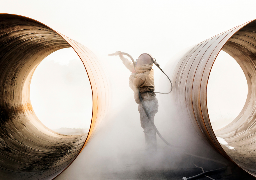 Worker welding inside large metal pipes, creating sparks and smoke.