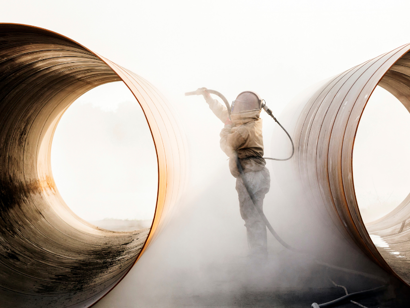 A worker in protective gear welding inside large metal pipes, creating sparks and smoke.
