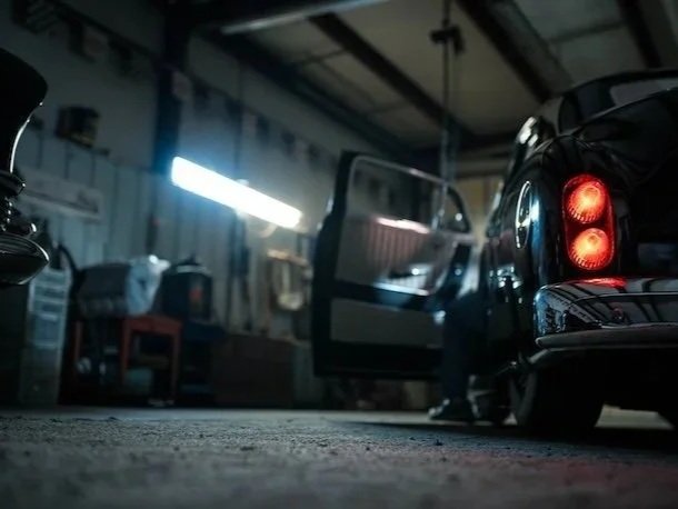 Inside a garage with a black vintage car, partially open door, and dim lighting in texas