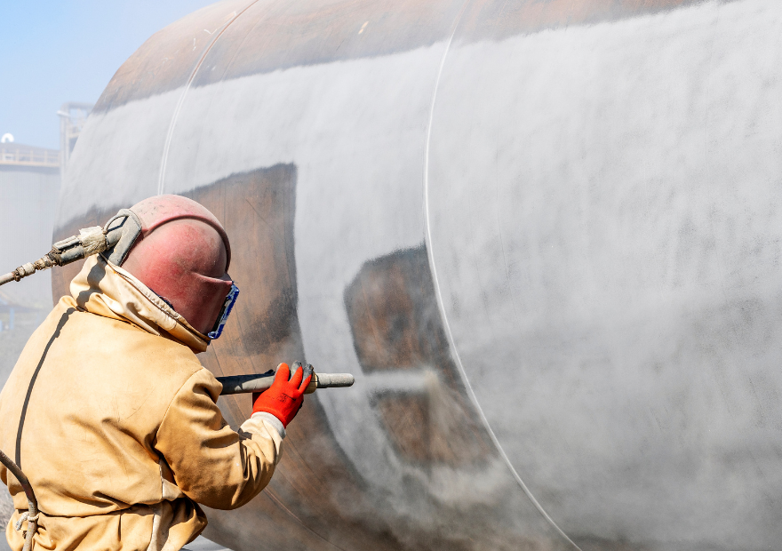 A worker wearing protective gear and gloves is welding a large metal pipe outdoors.