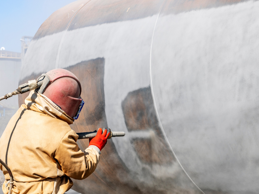 Worker in protective gear using dustless blasting to remove old paint from a metal tank.