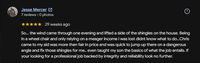 Screenshot of a Facebook review by Jesse Mercer praising a handyman's work on fixing shingles after wind damage.