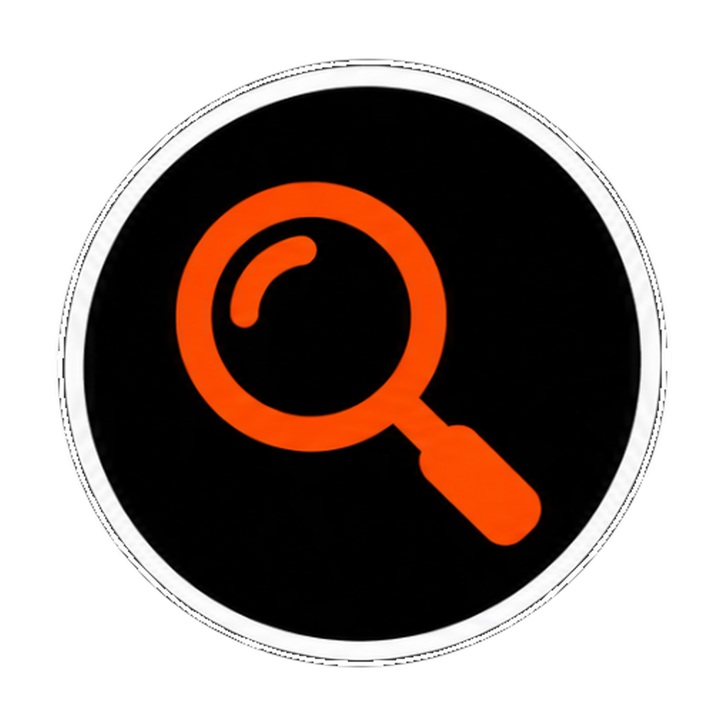 Magnifying glass icon glowing orange on a black background.