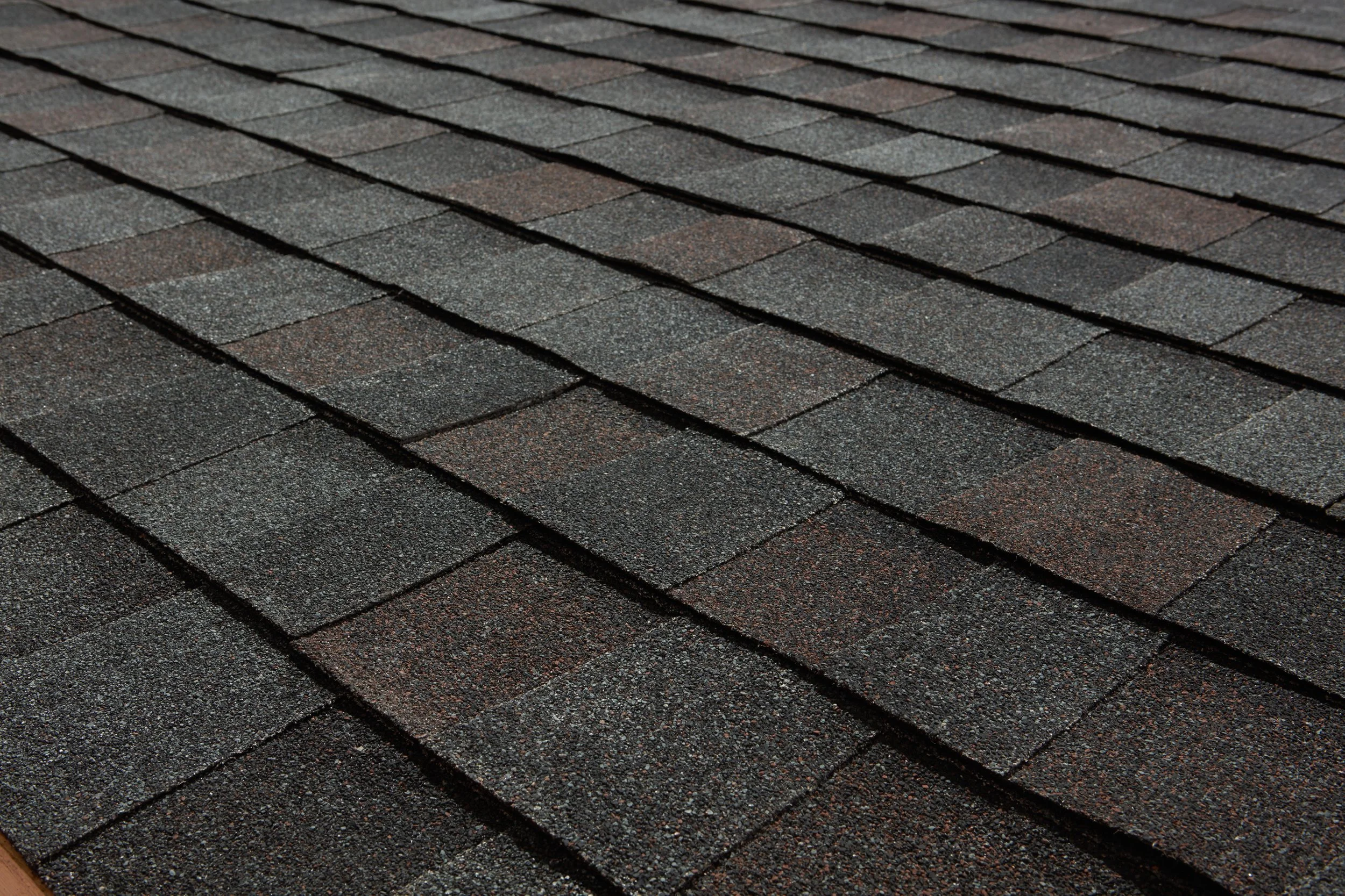 Close-up of asphalt shingles on a roof in shades of gray, black, and brown.