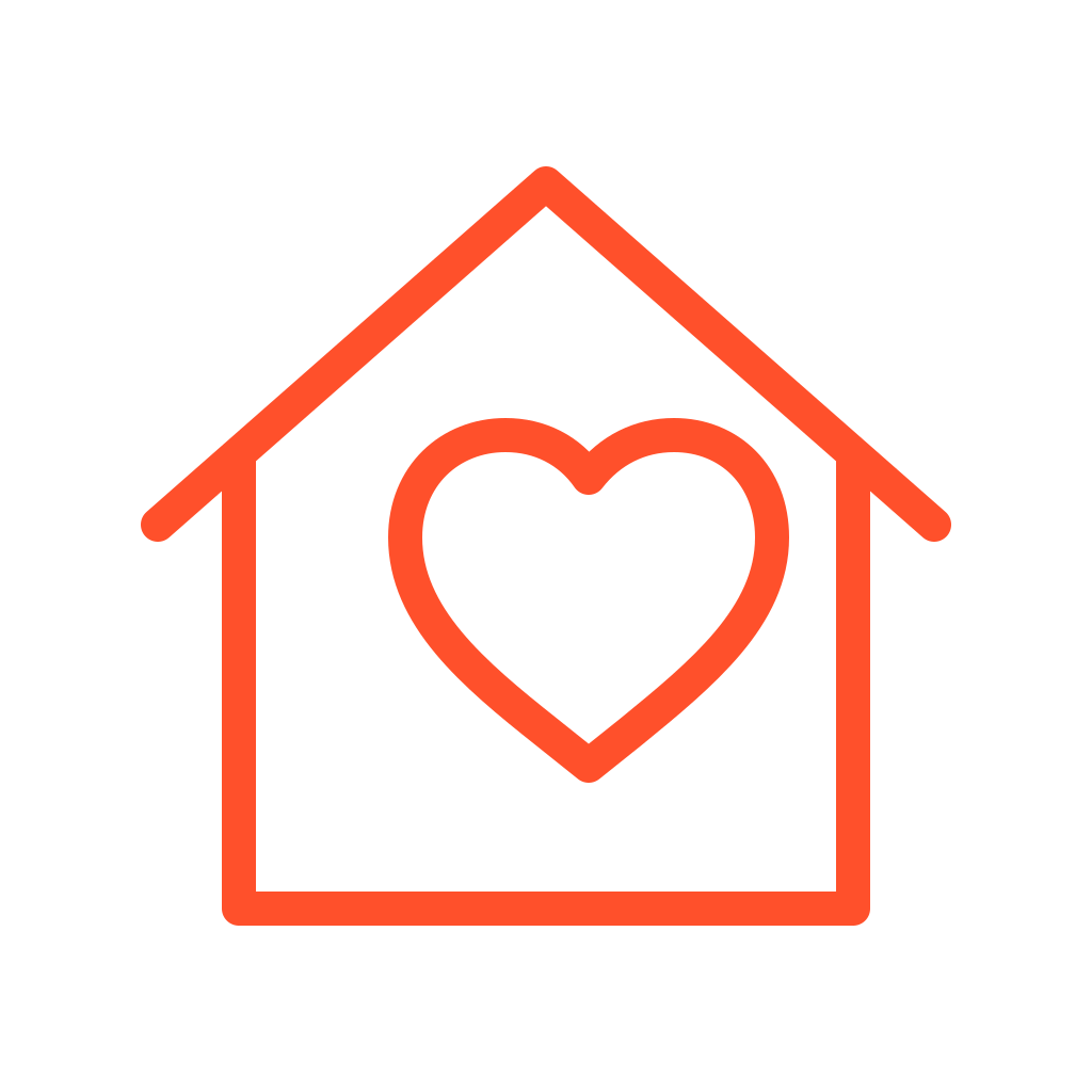 Outline of a house with a heart inside, depicted with red lines on a black background.