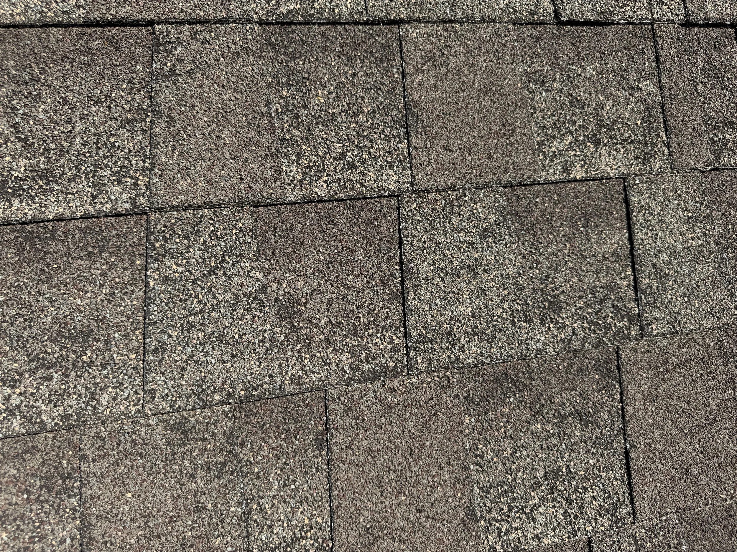 Close-up of a roof with asphalt shingles showing granular loss and wear and tear.