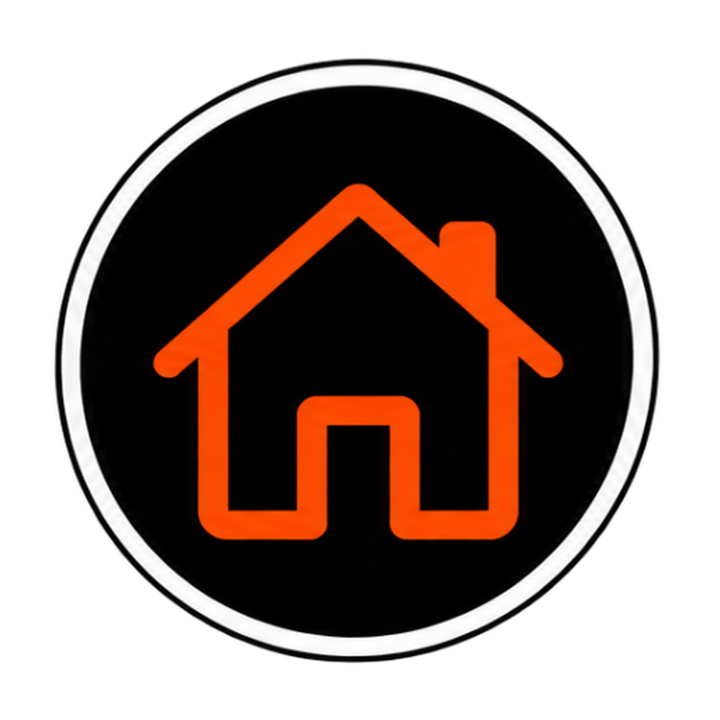 A digital home icon with an orange outline inside a black circular background with a white border.