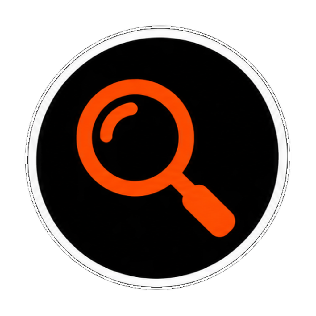 Magnifying glass icon in orange on a black circular background