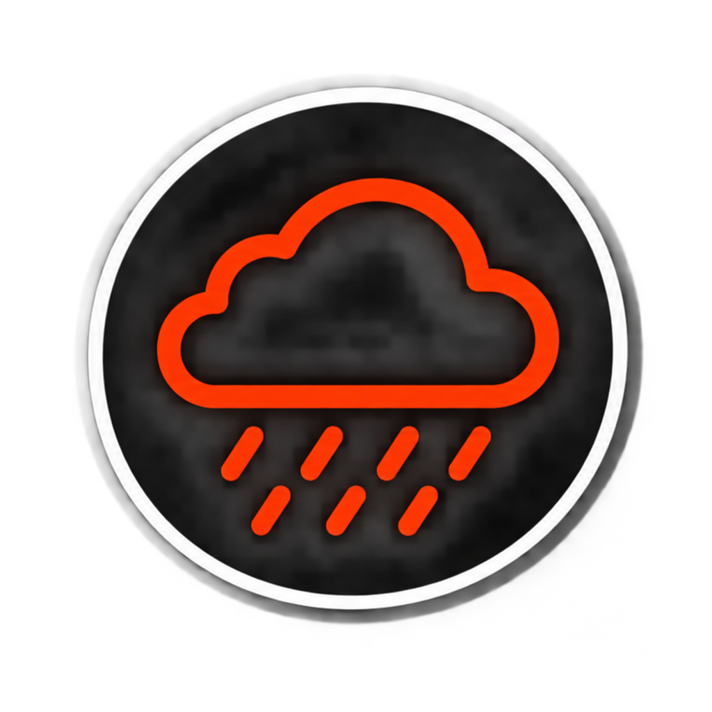 Neon sign of a dark orange cloud with rain drops, indicating rainy weather.