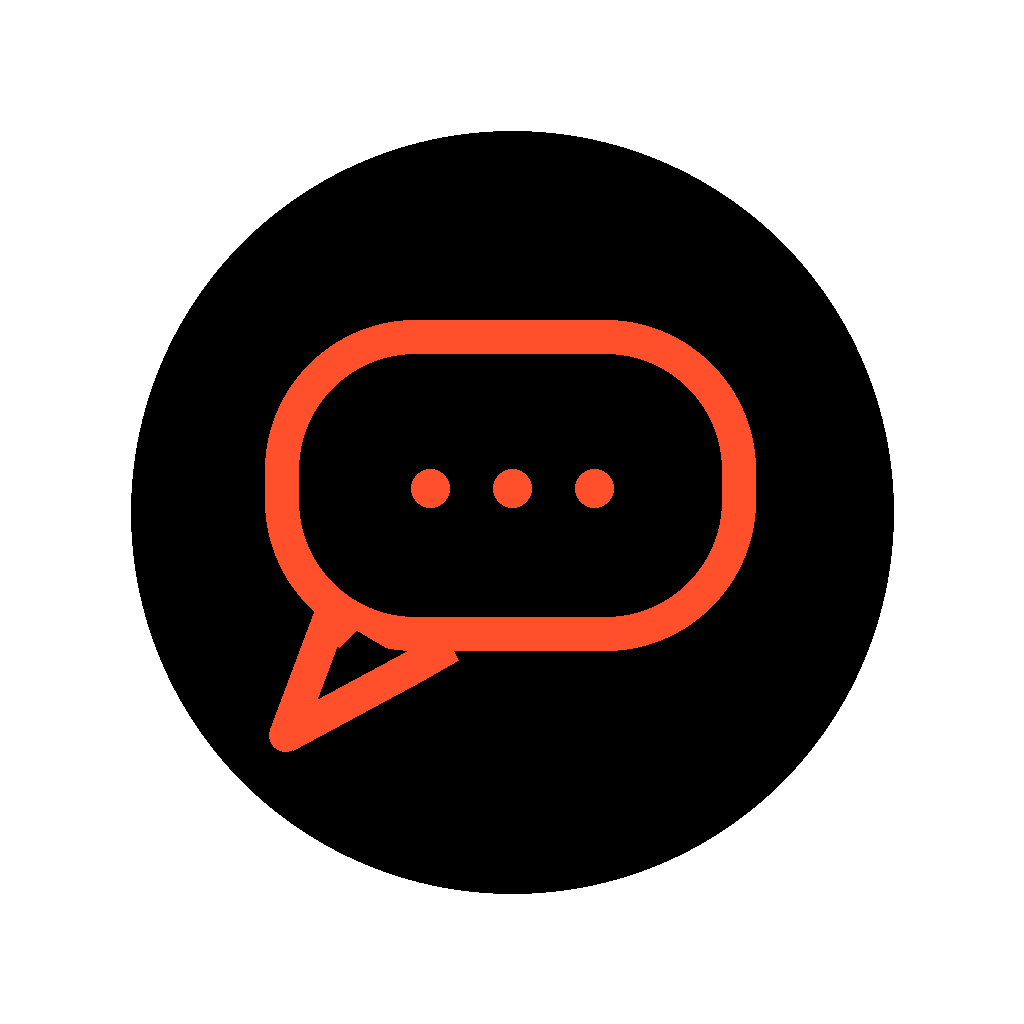 Red speech bubble icon with three dots inside, outlined in black and white circle, on a black background.