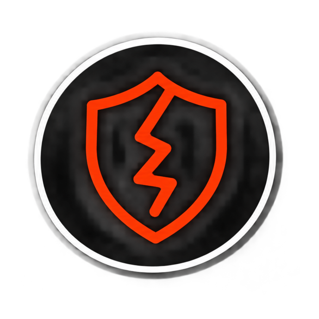 Red lightning bolt inside an orange shield on a black circular background with a white outline.
