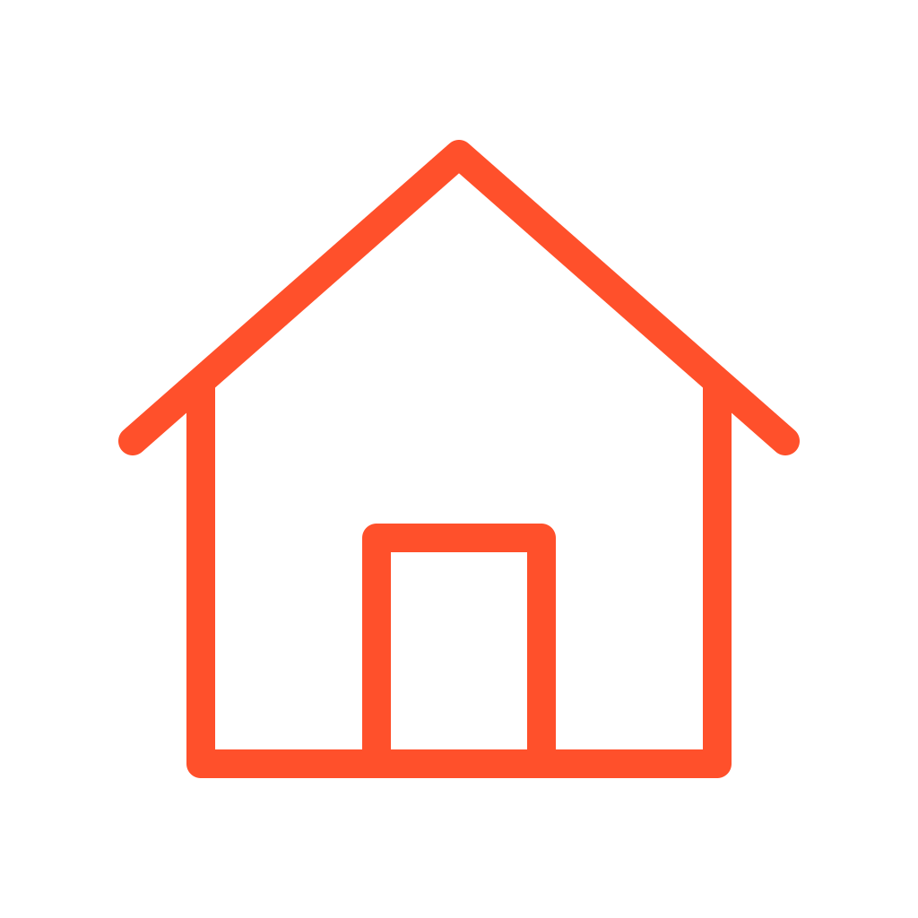 Outline of a house with a pitched roof, door, and windows, depicted with red lines on a black background.