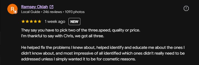 Screenshot of a review by Ramsey_Oklahoma on a local guide platform, mentioning a positive experience with Chris and addressing issues with speed, quality, and price.