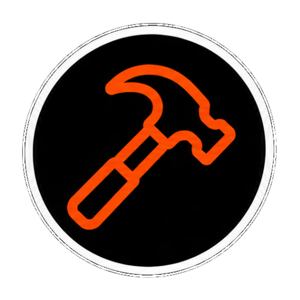 Neon sign with an outline of a hammer in orange on a black circular background.