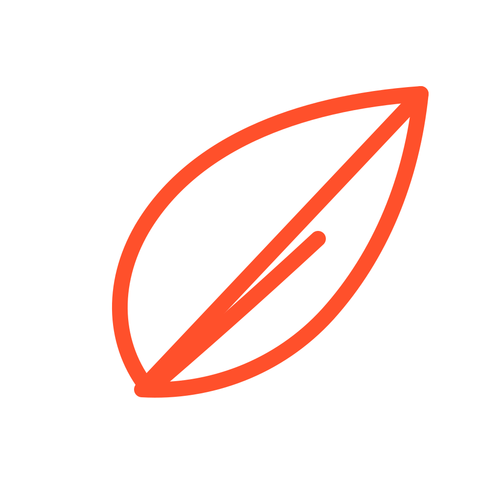 Schematic line drawing of a leaf with an orange outline on a black background.