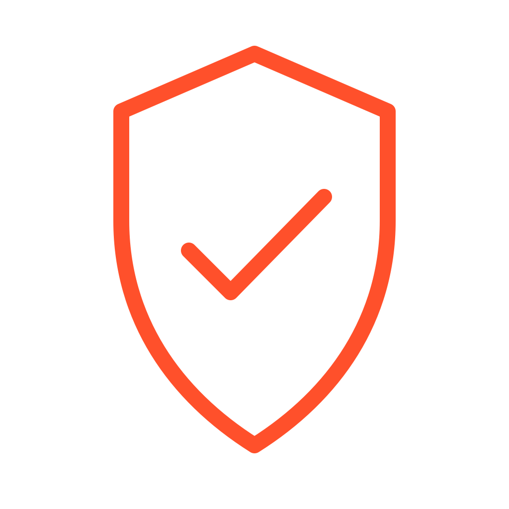 Red outline shield with a checkmark inside, symbolizing security or protection.