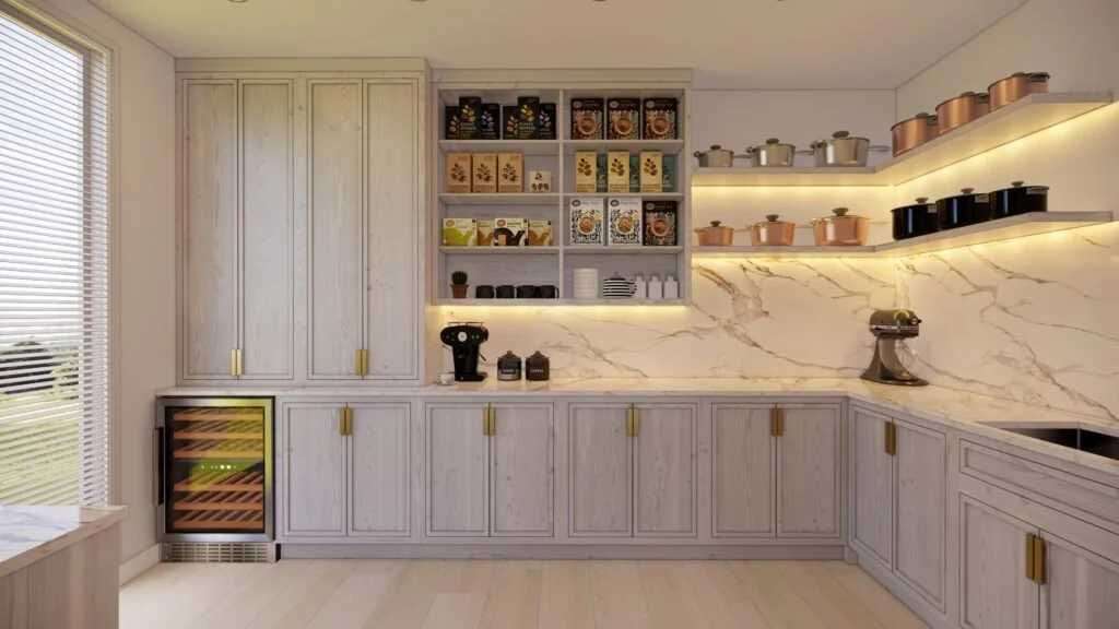 Modern kitchen with white cabinetry, marble backsplash, open shelves with pots and containers, a small wine cooler, coffee maker, espresso machine, and various kitchenware.