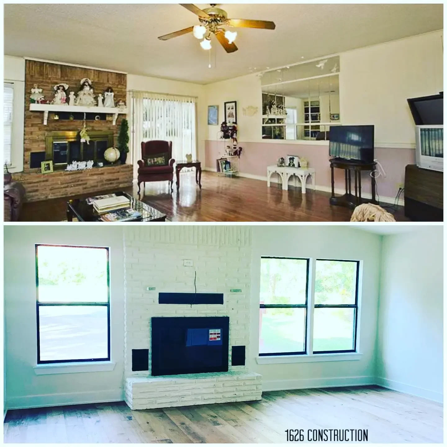 Comparison of two living rooms, one furnished with a brick fireplace, wooden furniture, and decorations, the other empty with a white brick fireplace and large windows.