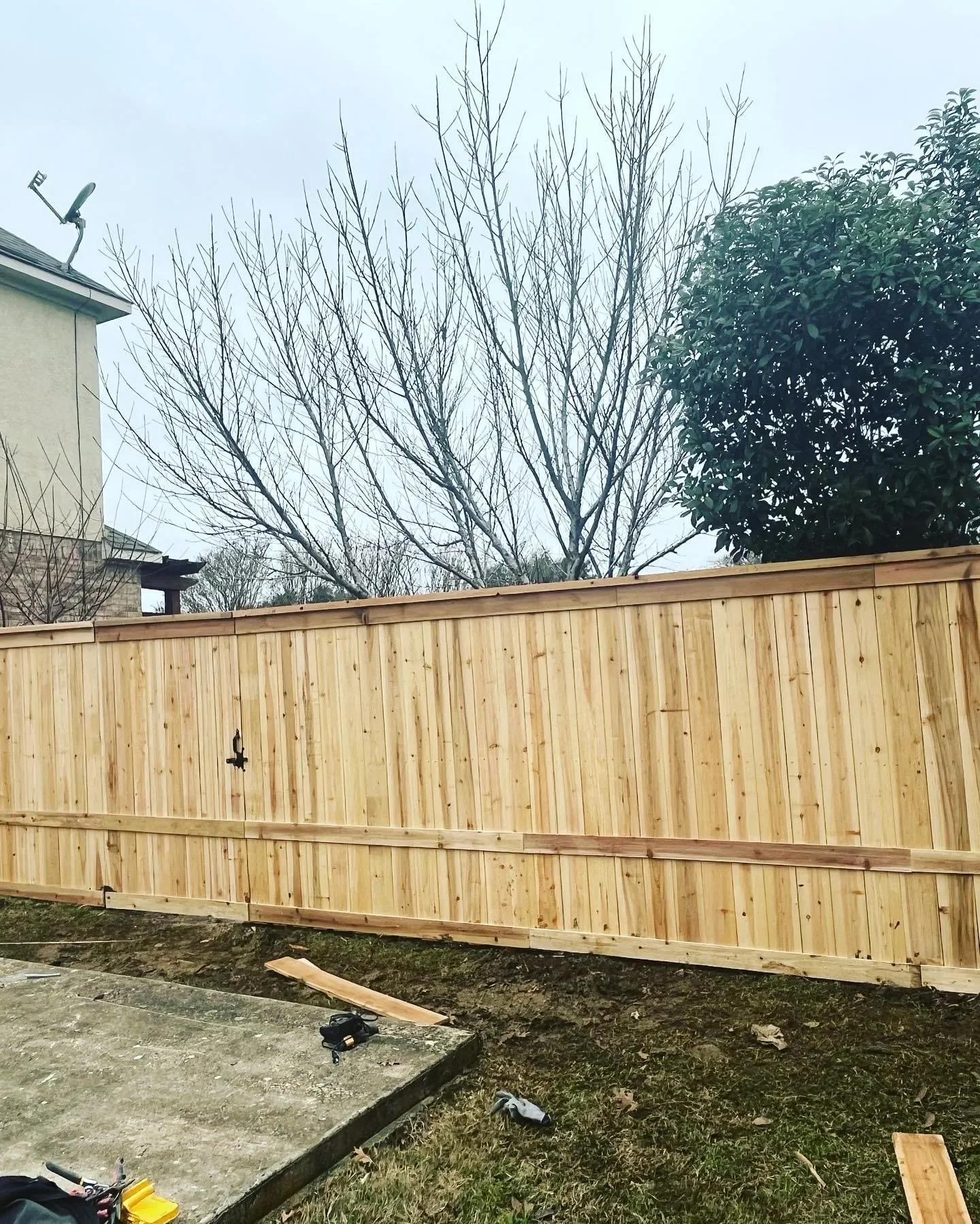 Newly built wooden fence in a backyard, with tools on the ground, behind a bare tree and a leafy bush, in front of a house with a satellite dish and a satellite dish toward the sky.