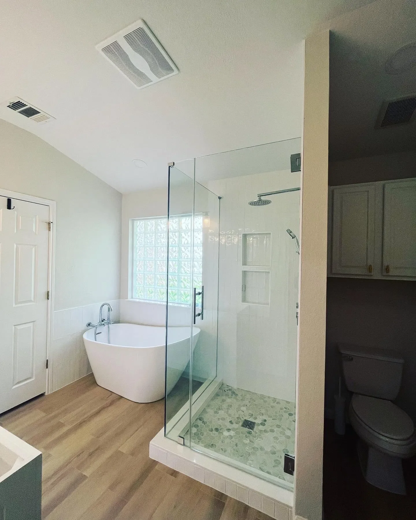Bathroom with a freestanding bathtub, glass-enclosed walk-in shower, window, and a toilet in a darkened room.
