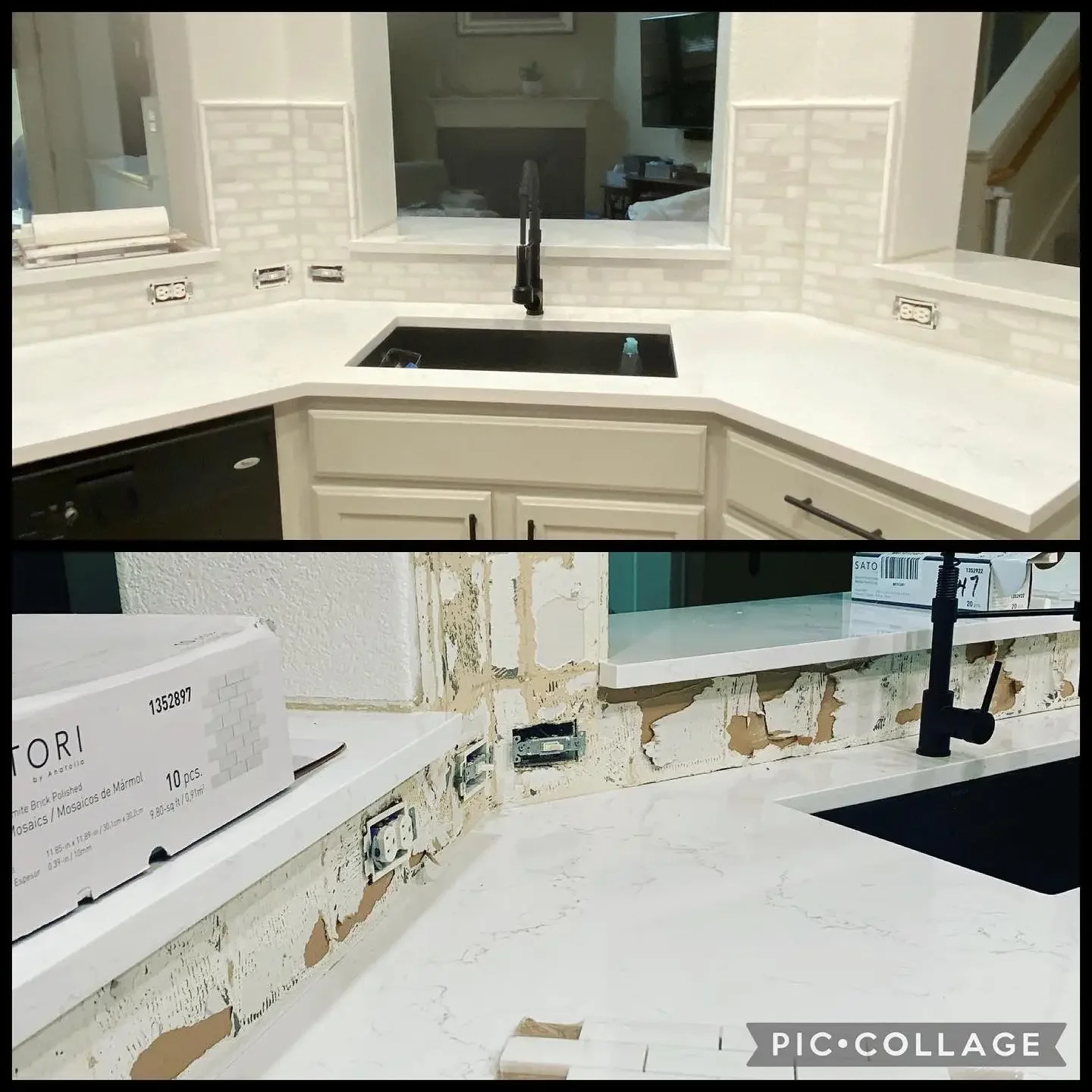Two photos showing a kitchen renovation. The top photo features a completed white countertop with a black sink and faucet, a window above the sink, and a microwave to the left. The bottom photo shows a partially installed countertop with exposed dryw