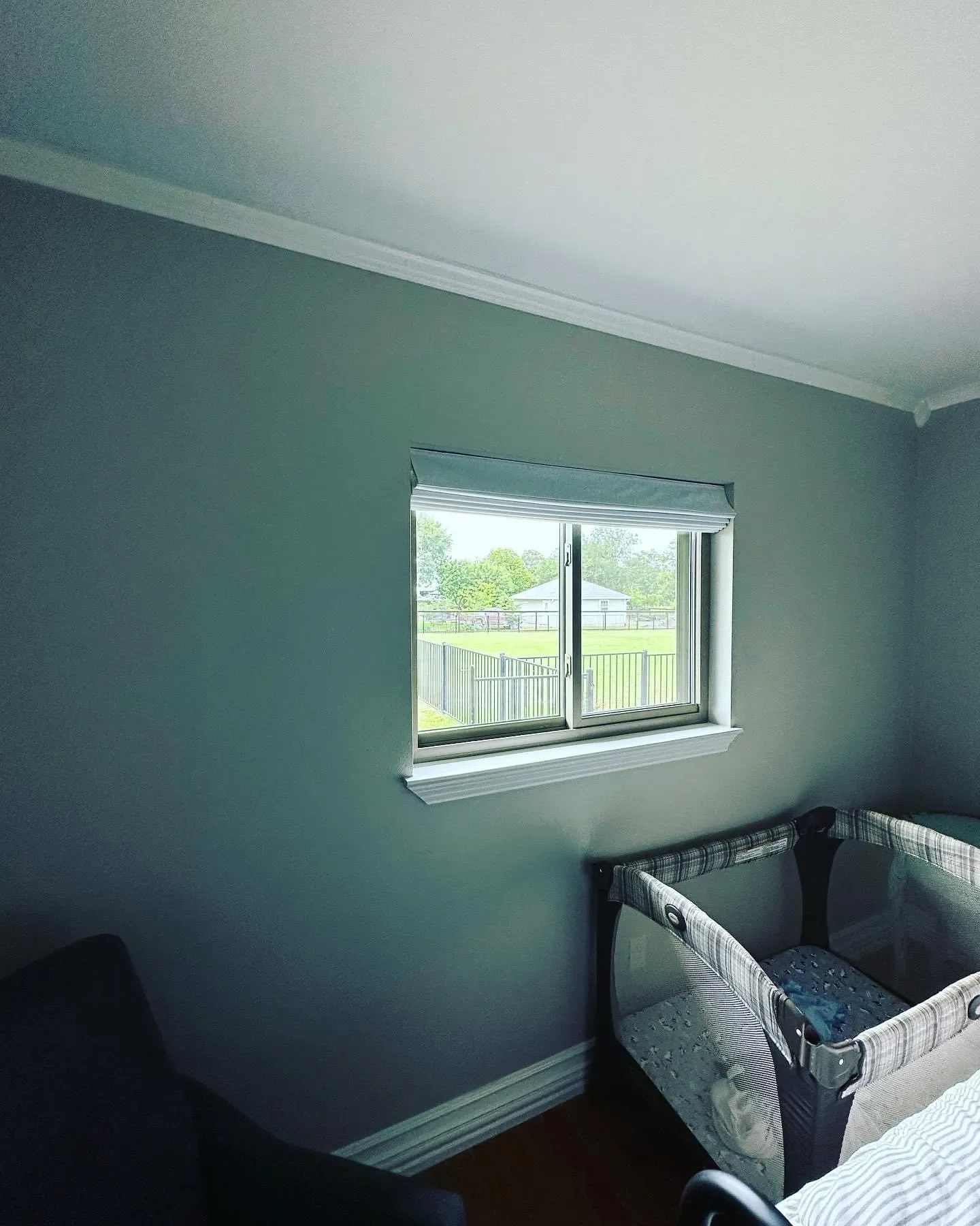 A room with a window showing a green backyard and a house in the distance, a crib near the wall, and part of a bed in the foreground.