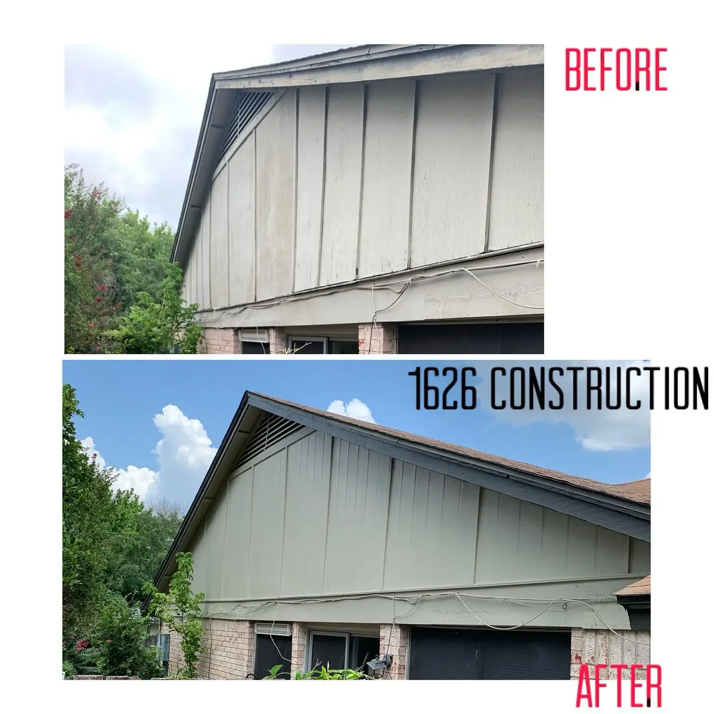 Comparison of house exterior before and after siding replacement, with the top labeled 'BEFORE' showing older, worn siding, and the bottom labeled 'AFTER' showing new, clean siding, with the text '1626 CONSTRUCTION' on the image.