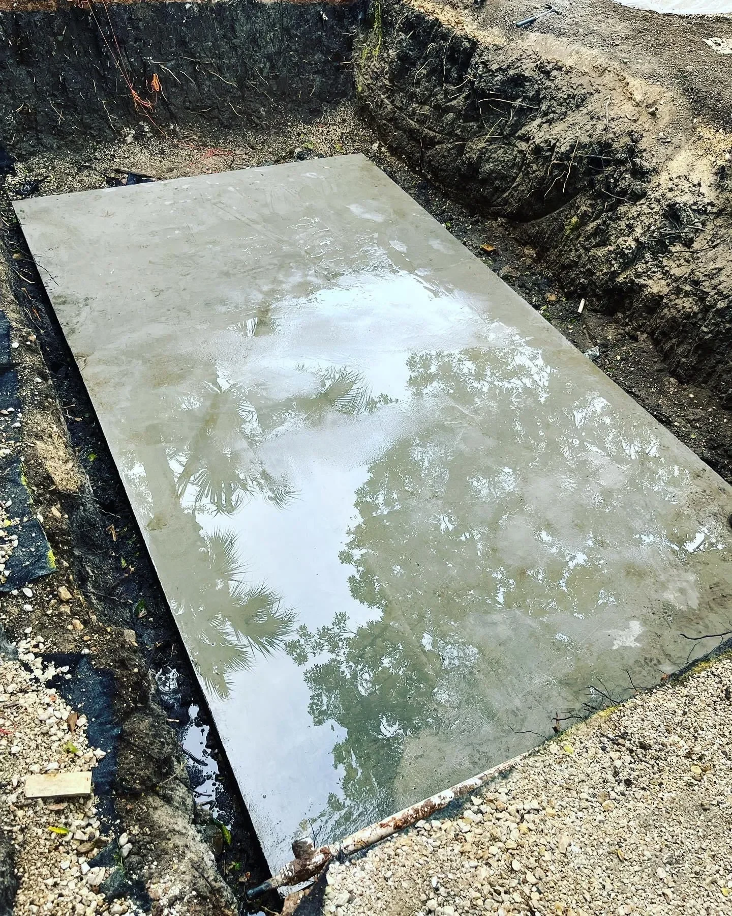 A freshly poured concrete slab lies in a shallow excavation with uneven soil sides, and reflects the sky and surrounding trees.
