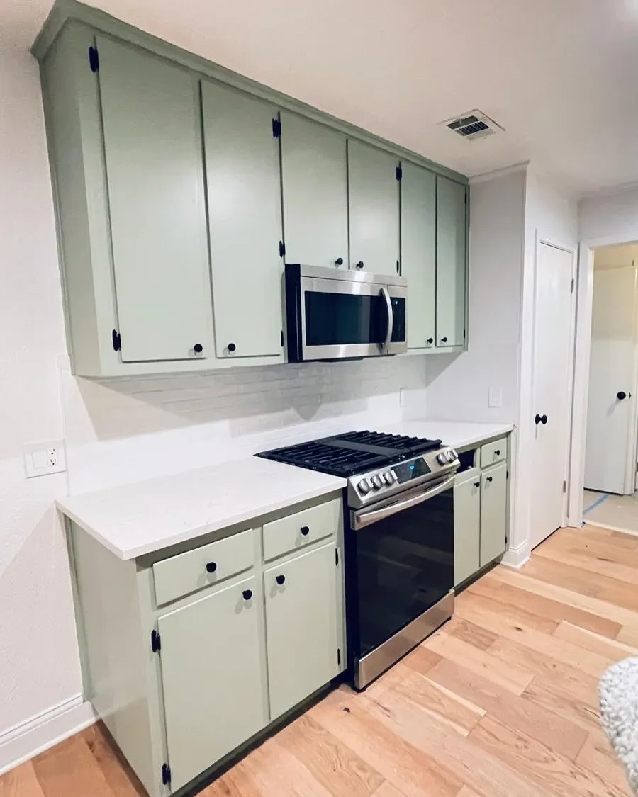 Kitchen with light green cabinets, white countertops, stainless steel microwave, and oven on a wooden floor.