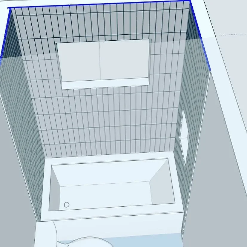 A 3D rendering of a bathroom with a bathtub, a small window, and tiled walls.
