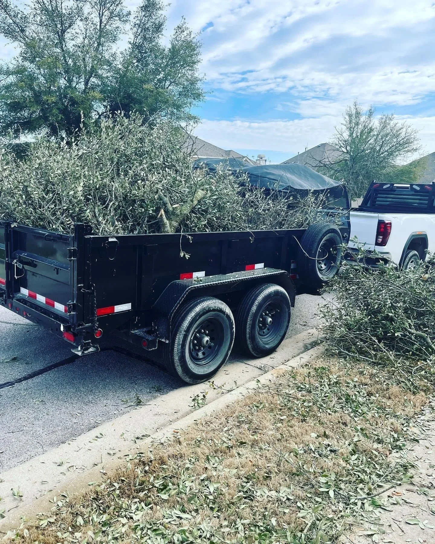 A black trailer filled with cut tree branches parked on a residential street next to a white pickup truck with a black bed cover. Debris and leaves are scattered on the sidewalk and street.
