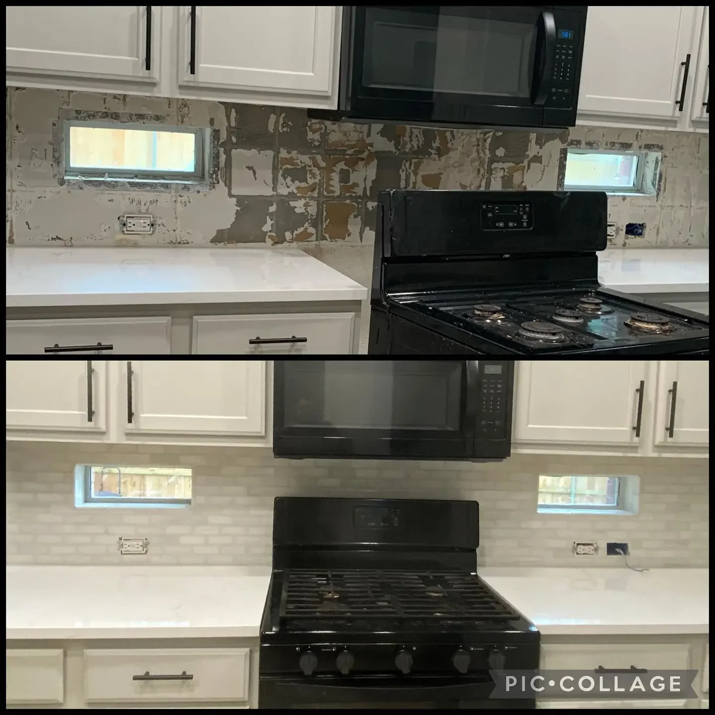 Before and after photos of a kitchen renovation, showing a transition from unfinished to finished wall behind the stove and microwave, with new white cabinets and updated countertops.
