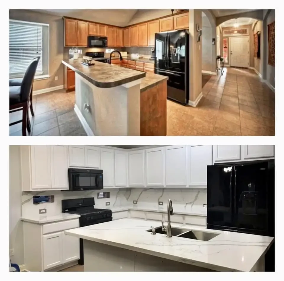 Two modern kitchens; the top kitchen has wooden cabinets, black appliances, and a stone countertop island, with a hallway visible in the background. The bottom kitchen has white cabinets, black appliances, and a white marble countertop with a sink, a
