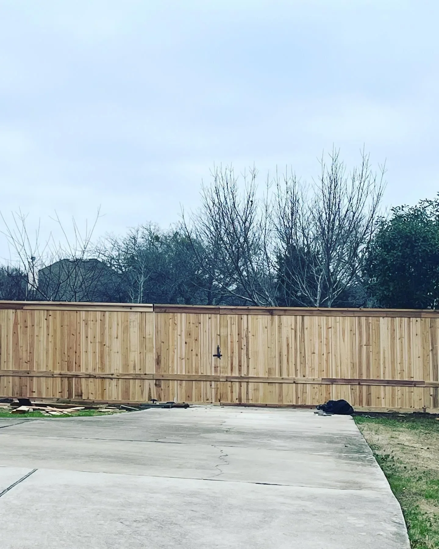 A newly built wooden fence in a backyard, with a concrete driveway in front and a large leafless tree behind the fence under an overcast sky.