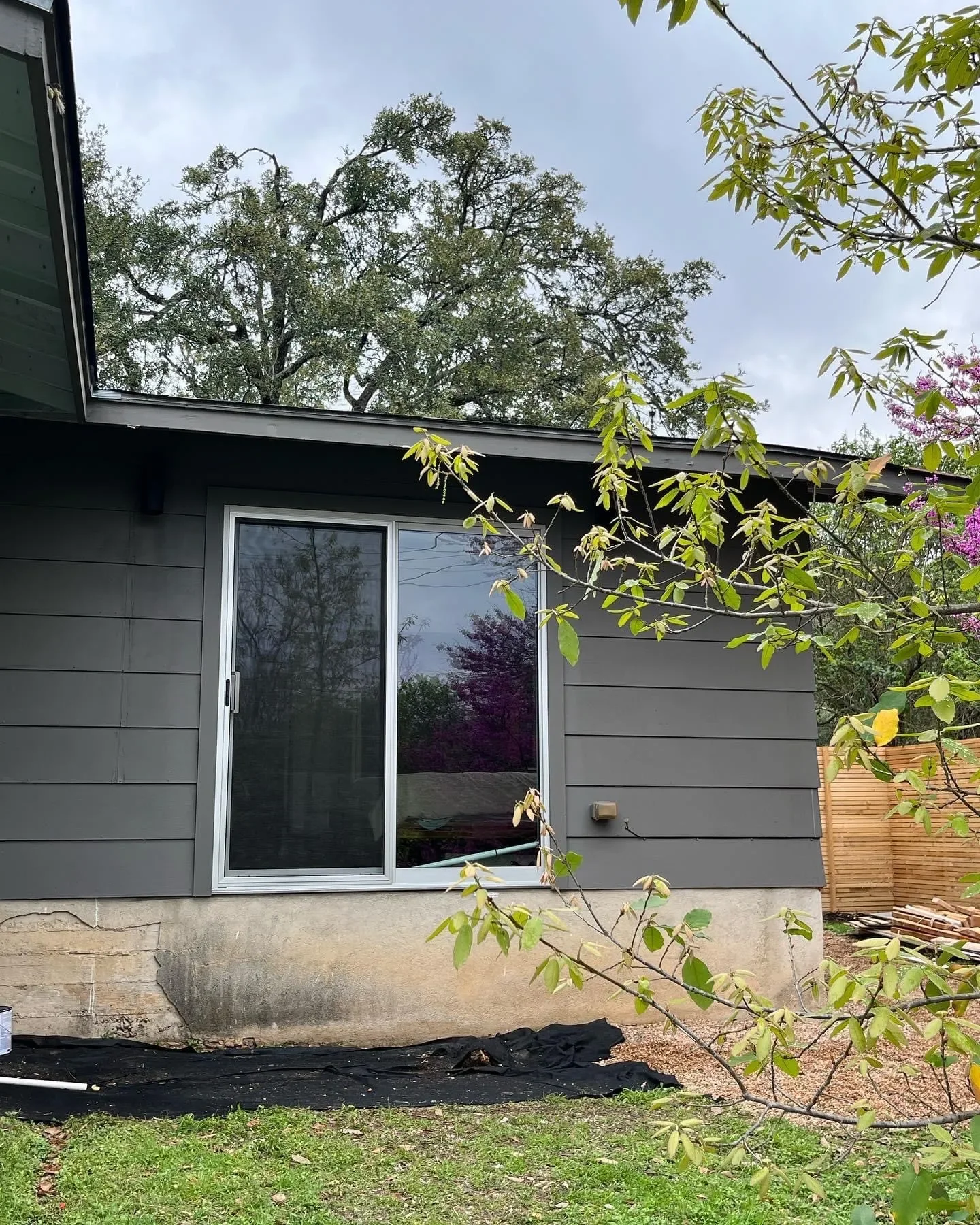 The exterior of a house with gray siding, a sliding glass door, a concrete foundation, and some overgrown plants and trees around it.
