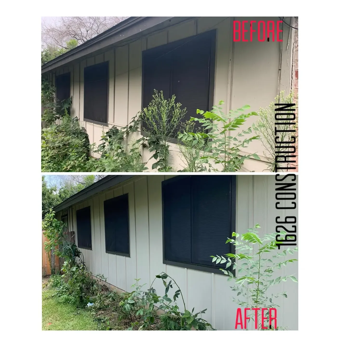 Before and after images showing a house's exterior wall after window screen replacement. The top image labeled "BEFORE" shows black window screens with overgrown plants, and the bottom image labeled "AFTER" shows cleaner white siding with new black w