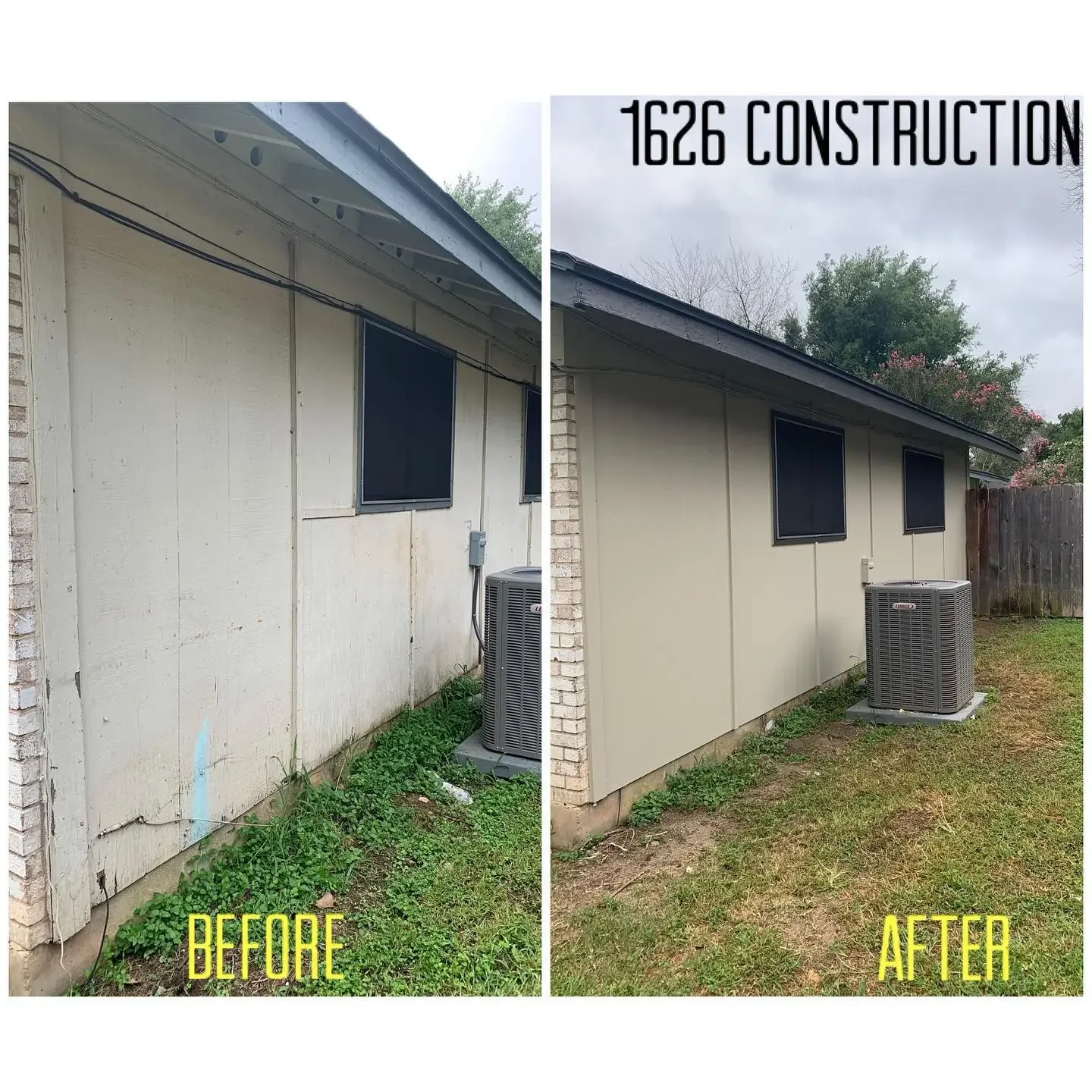 Side-by-side comparison of a house exterior showing before and after house siding renovation with new beige siding and updated trim
