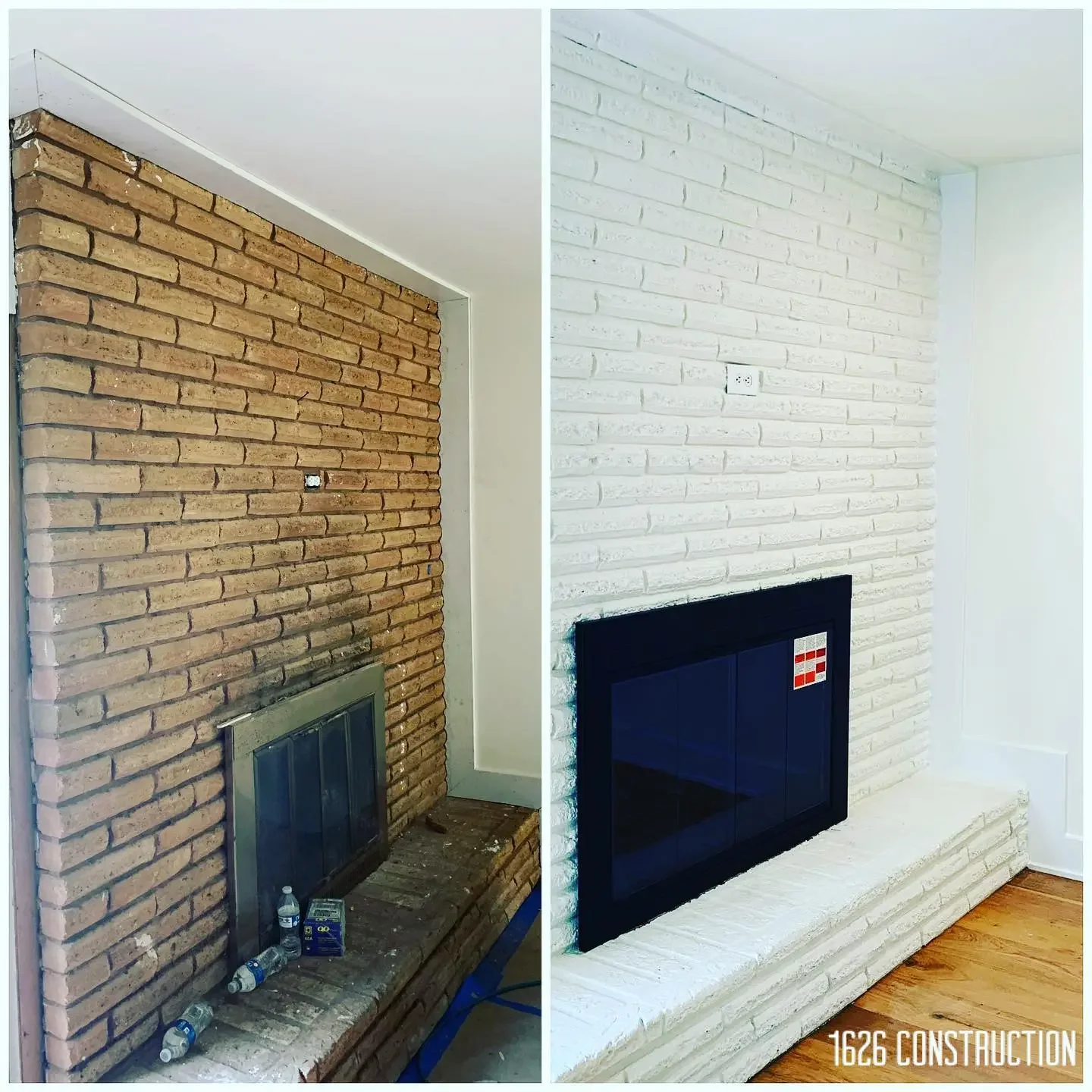 Comparison of a fireplace before and after renovation, showing a brick wall before and a painted white brick wall with a black framed fireplace after.