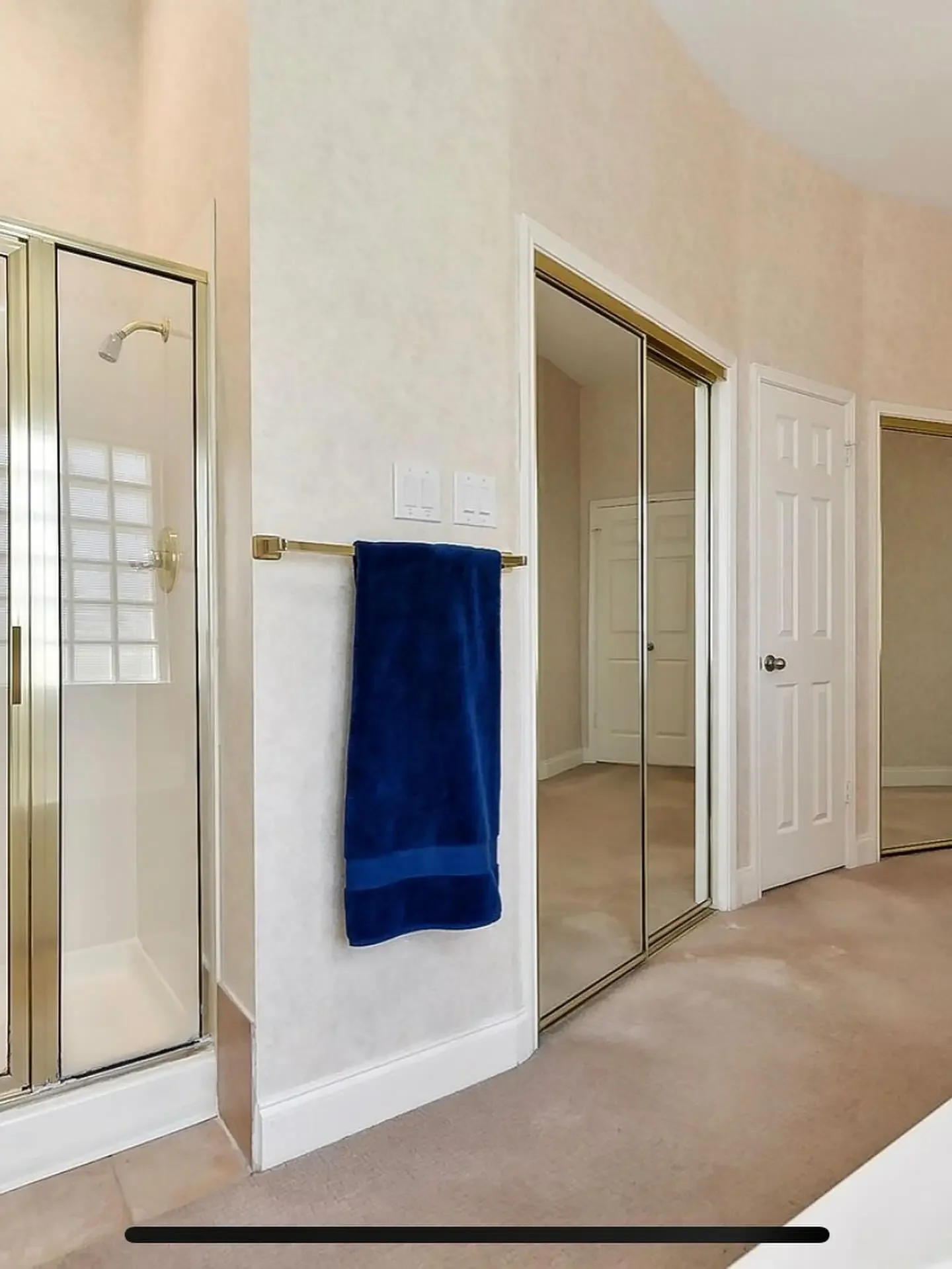 Bedroom with mirrored closet doors, a white closed door, a towel rack with a blue towel, and a glass shower with gold trim.