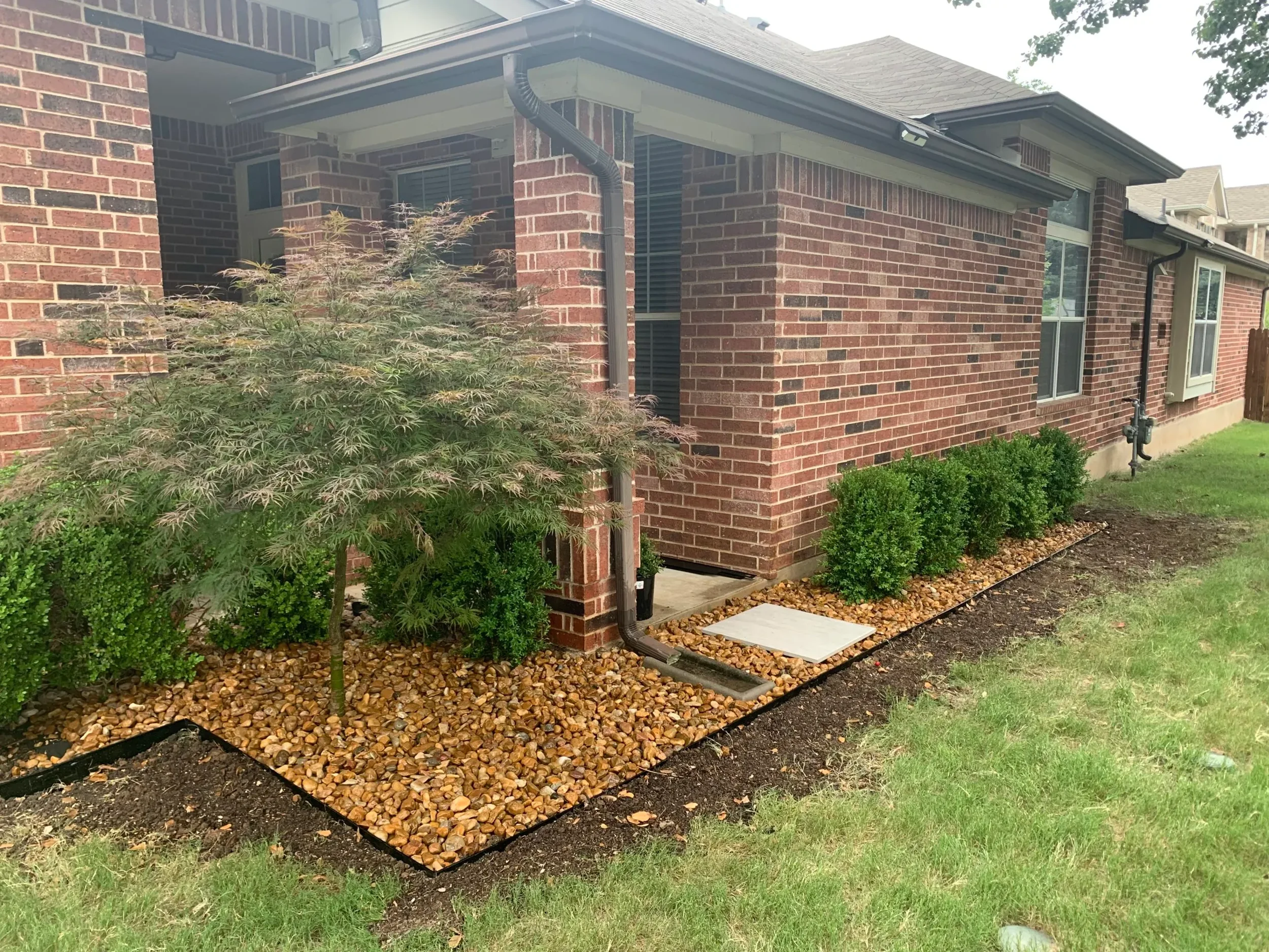 Backyard with red brick house, small tree, green bushes, stone mulch, and grassy yard.