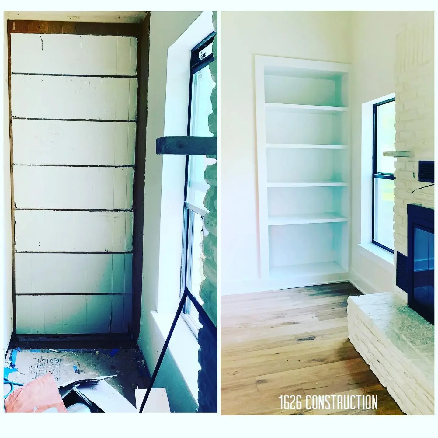 Comparison of a room before and after renovation, showing a wall with exposed framing and a finished wall with white built-in bookshelf, a fireplace, and wood flooring.