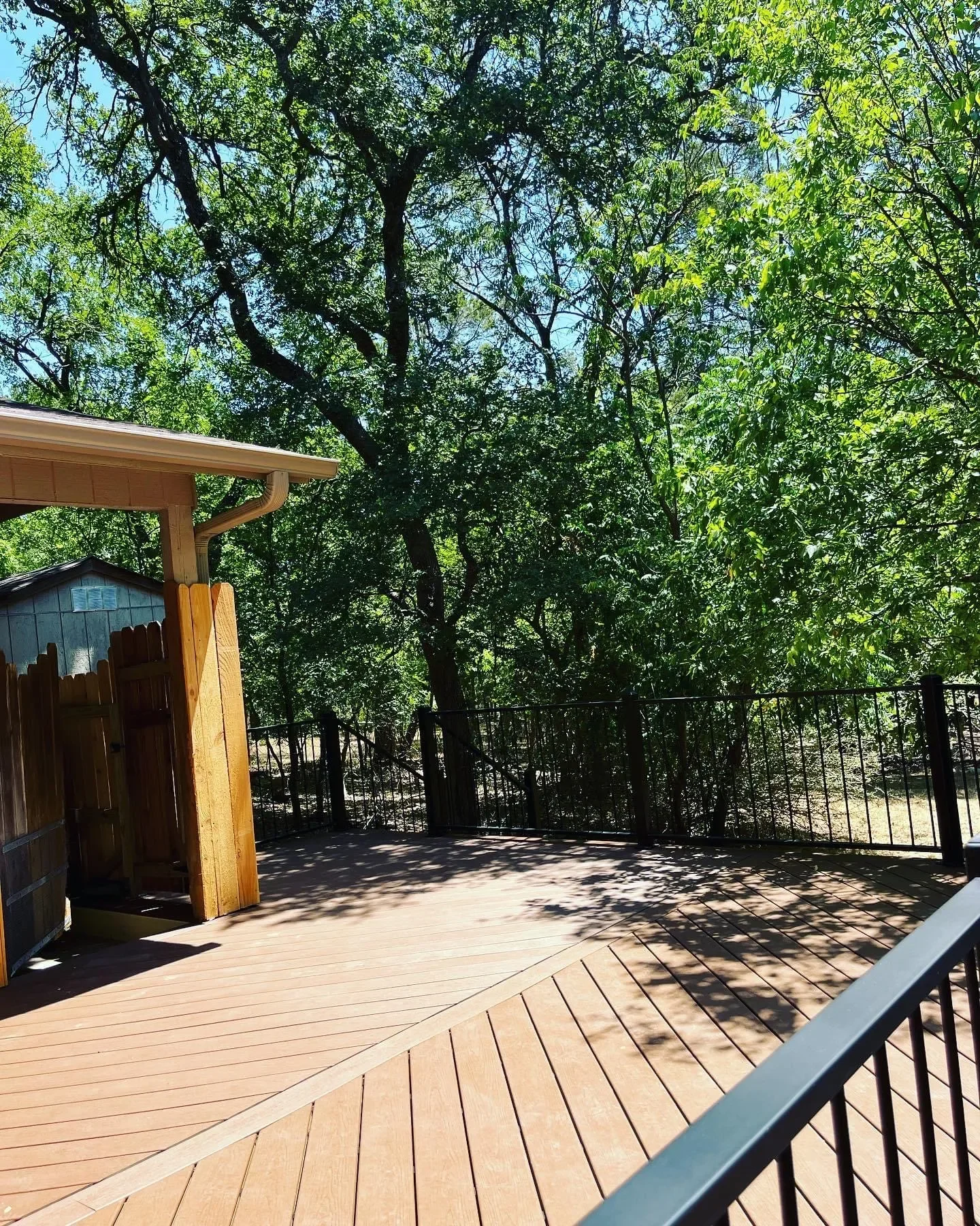 A wooden deck with a black metal railing, surrounded by green trees, with sunlight casting shadows on the deck.