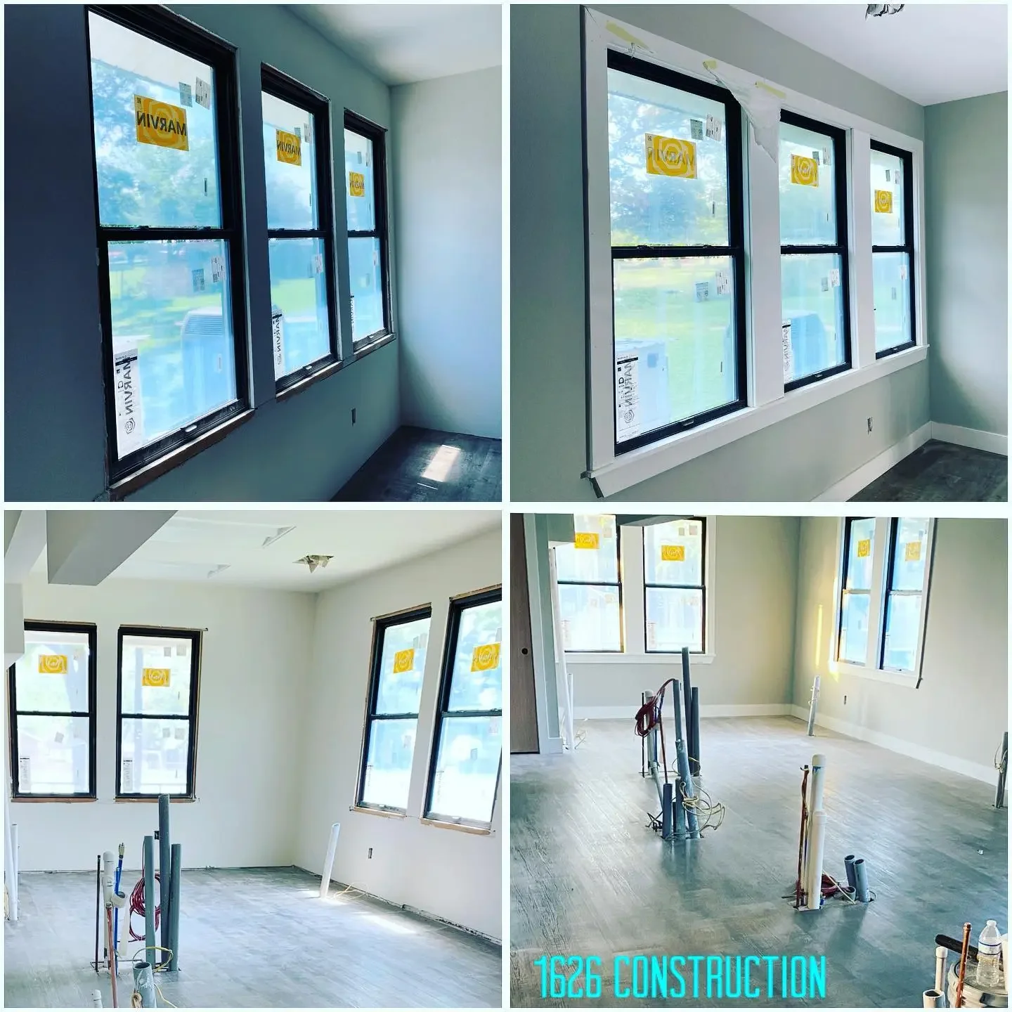 Progress photos of interior construction in a residential room, showing windows being installed, electrical work ongoing, and unfinished flooring and walls.