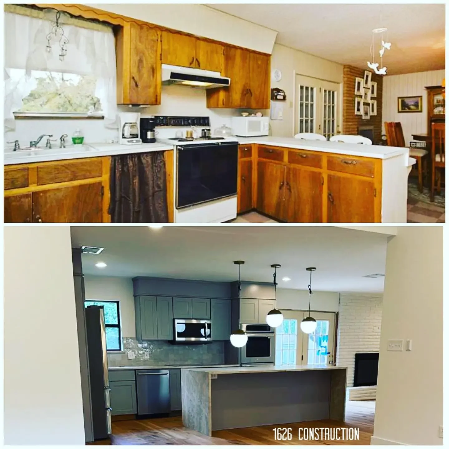 Comparison of two kitchen interiors, showing an older kitchen with wood cabinets and a newer, modern kitchen with gray cabinets, a marble backsplash, and pendant lighting.