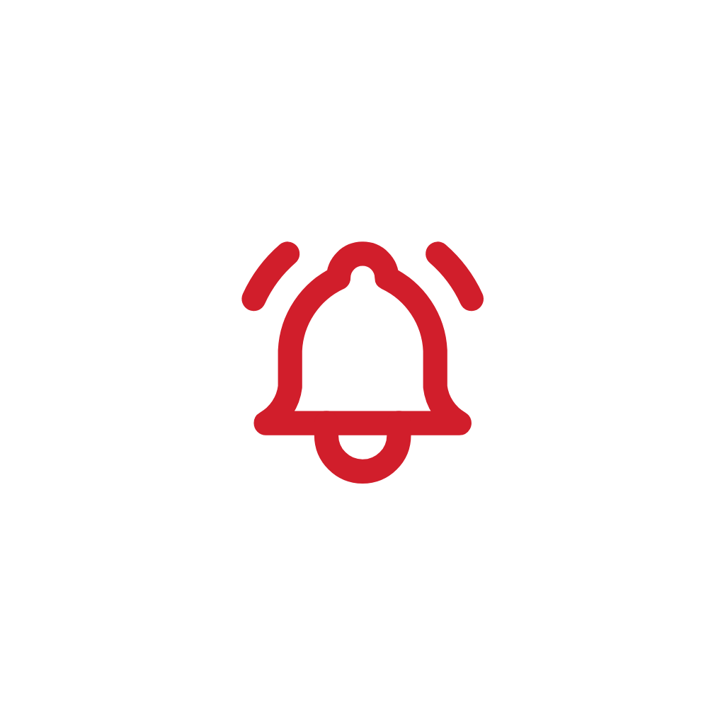 Red and white alarm bell icon on a black background.