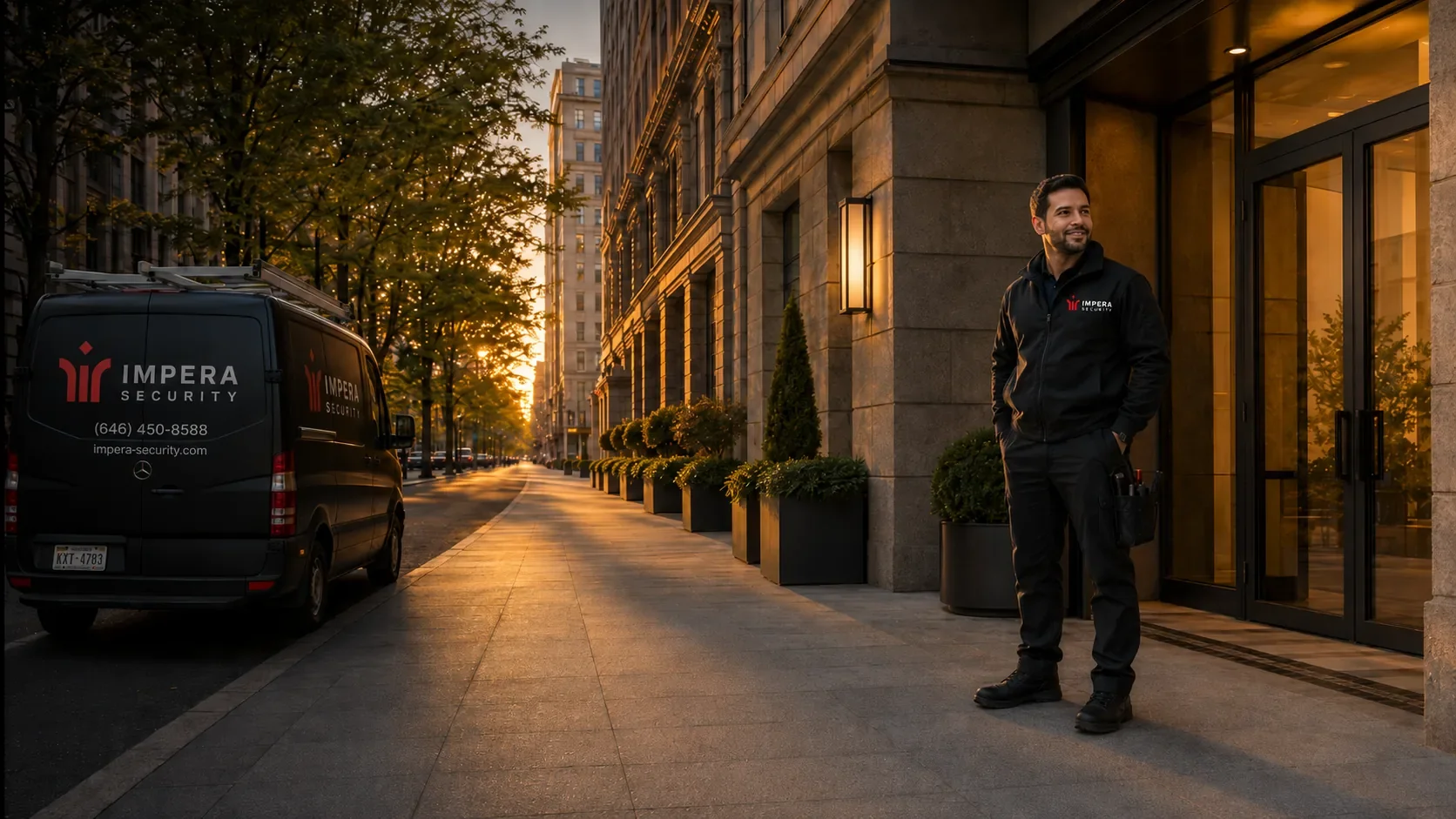 A security guard standing outside a building during sunset, wearing black uniform with 'Impera Security' logo, with a security van parked on the street beside him.