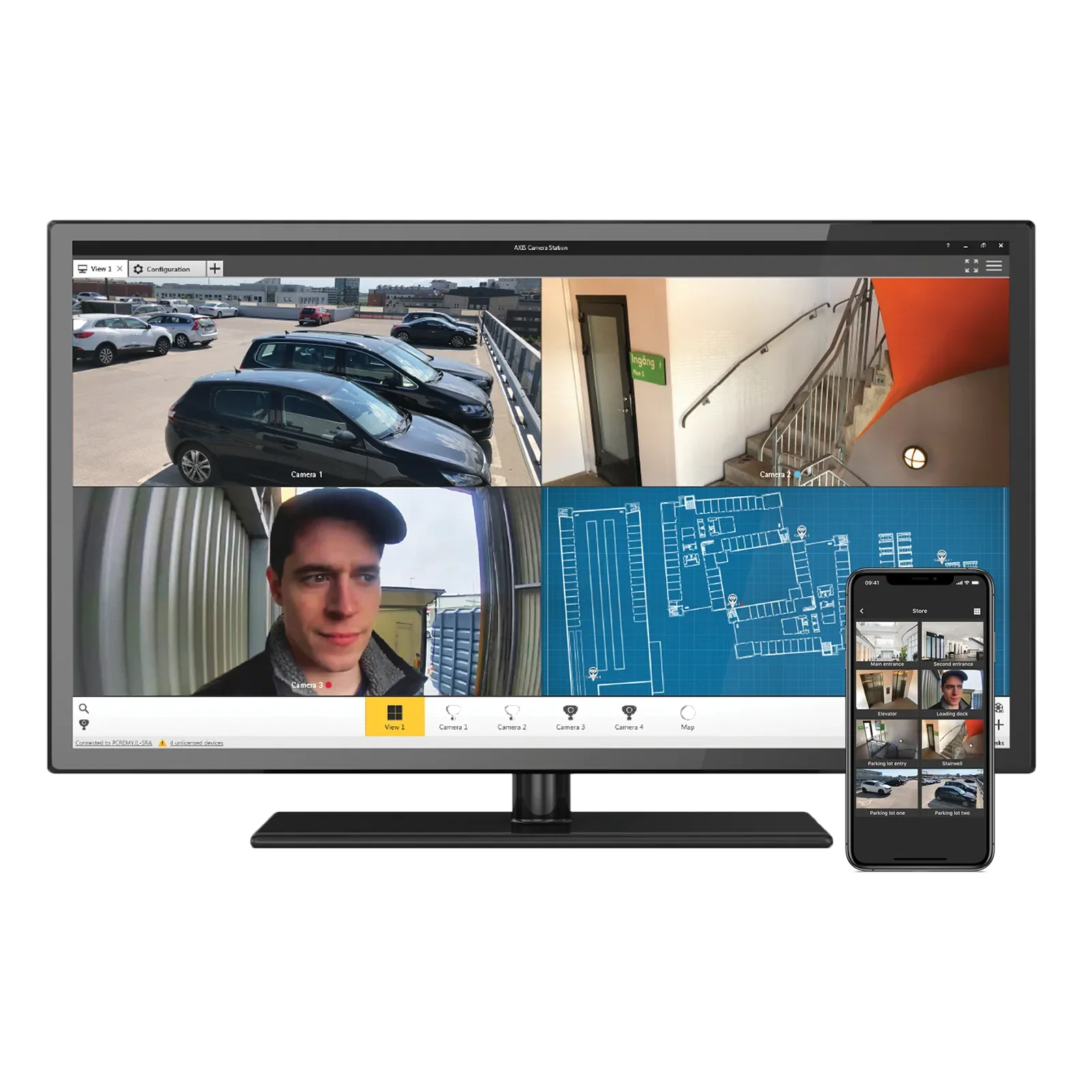 A security camera monitoring system displayed on a computer screen showing multiple surveillance camera feeds, a floor plan, and a mobile app for remote access.
